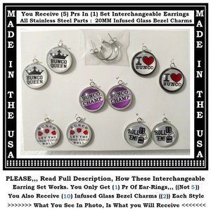 5/$20 BUNCO Dice Game Party Fun - Interchangeable Charm Earrings-5 Pairs in Set